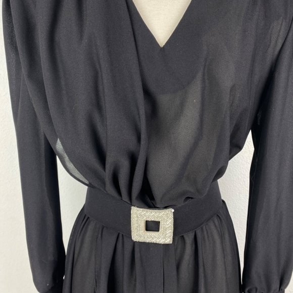 Vintage 80s Black Cocktail Dress Large Silver Beaded Drape Front Evening Formal - Picture 3 of 15